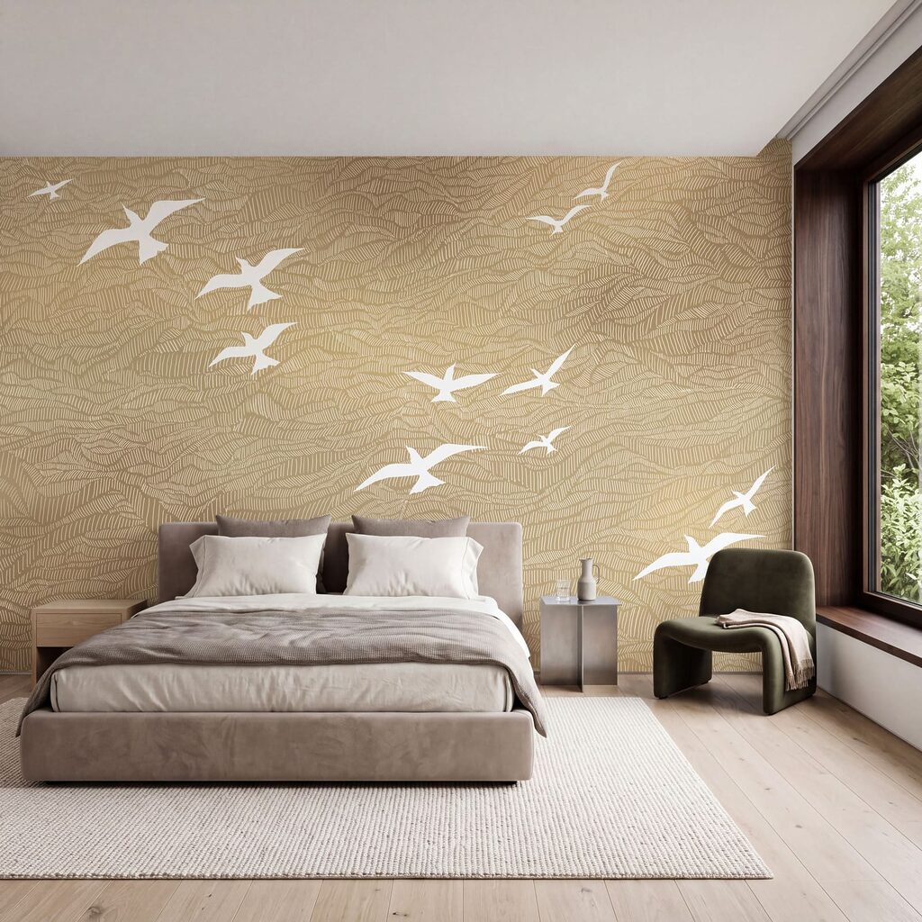 Witte vogels boven golflijnen — interieur 2