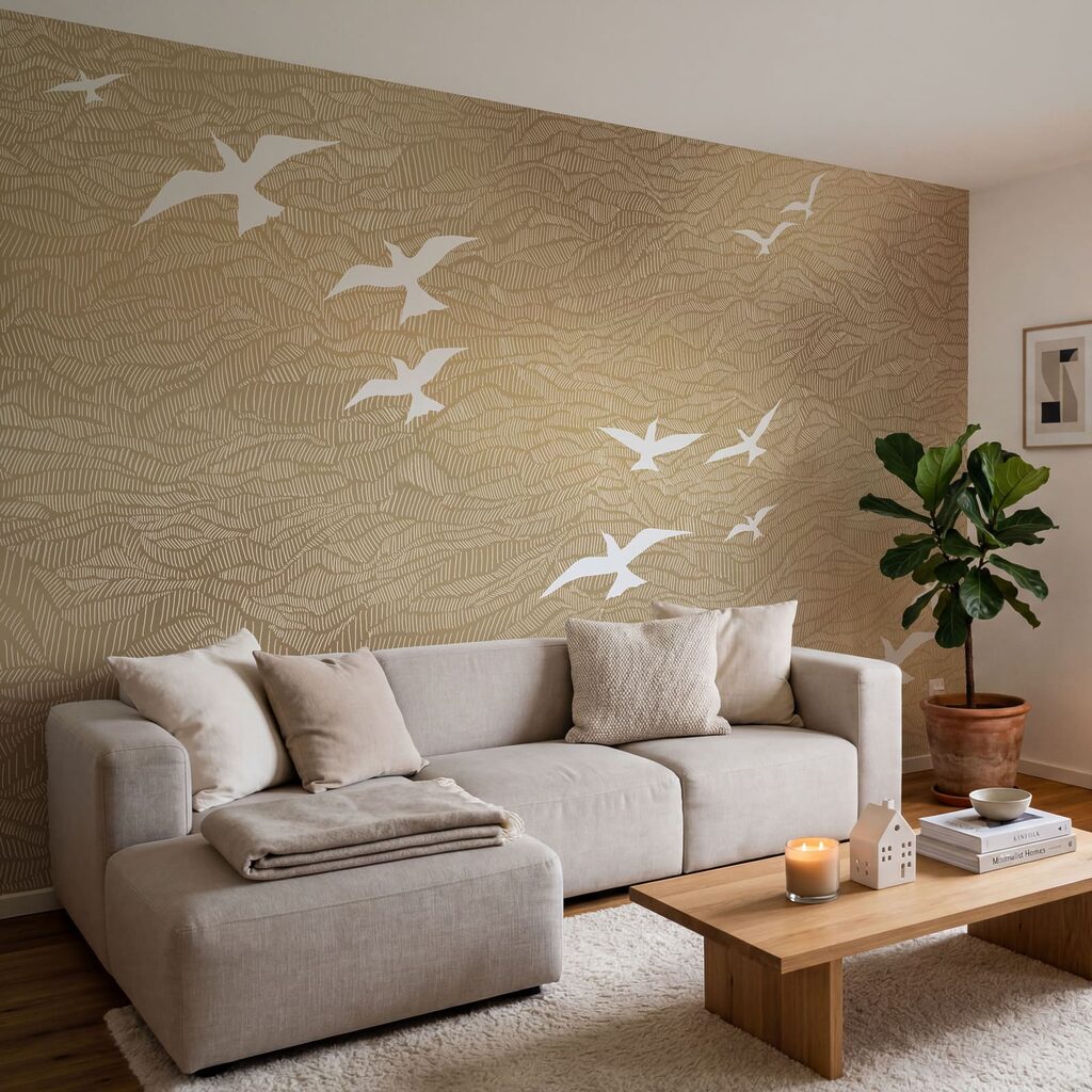Witte vogels boven golflijnen — interieur 4