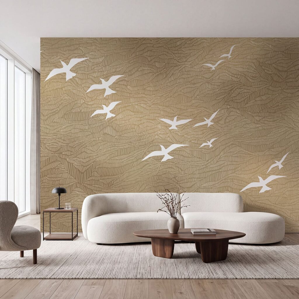 Witte vogels boven golflijnen — interieur 3