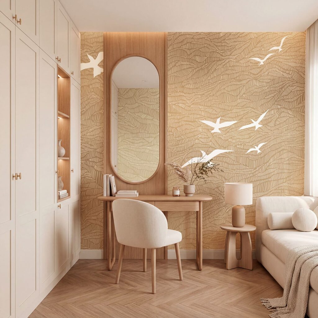 Een groep vogels die door de lucht vliegt in een interieur