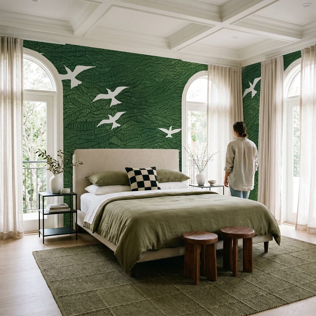 Witte vogels boven golflijnen — interieur 2