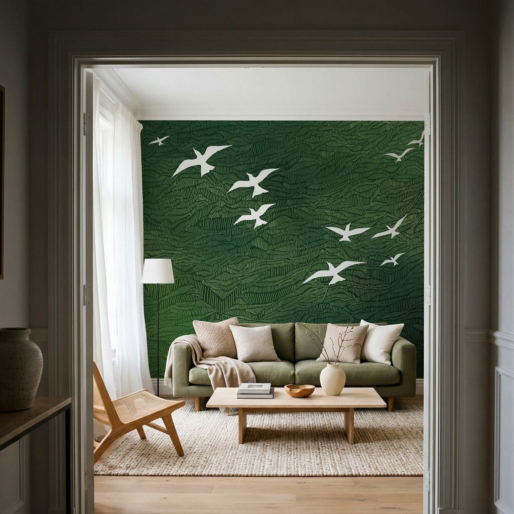 Witte vogels boven golflijnen — interieur 1