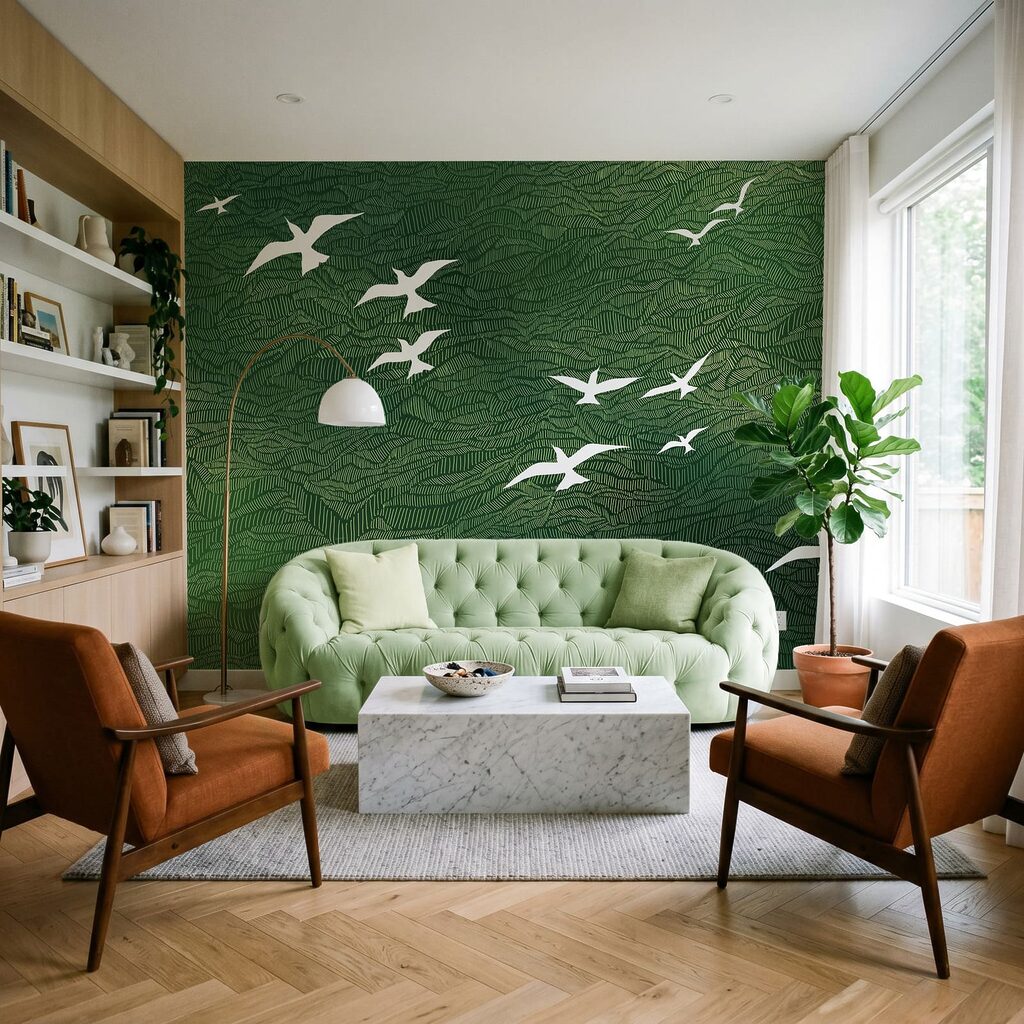 Witte vogels boven golflijnen — interieur 3