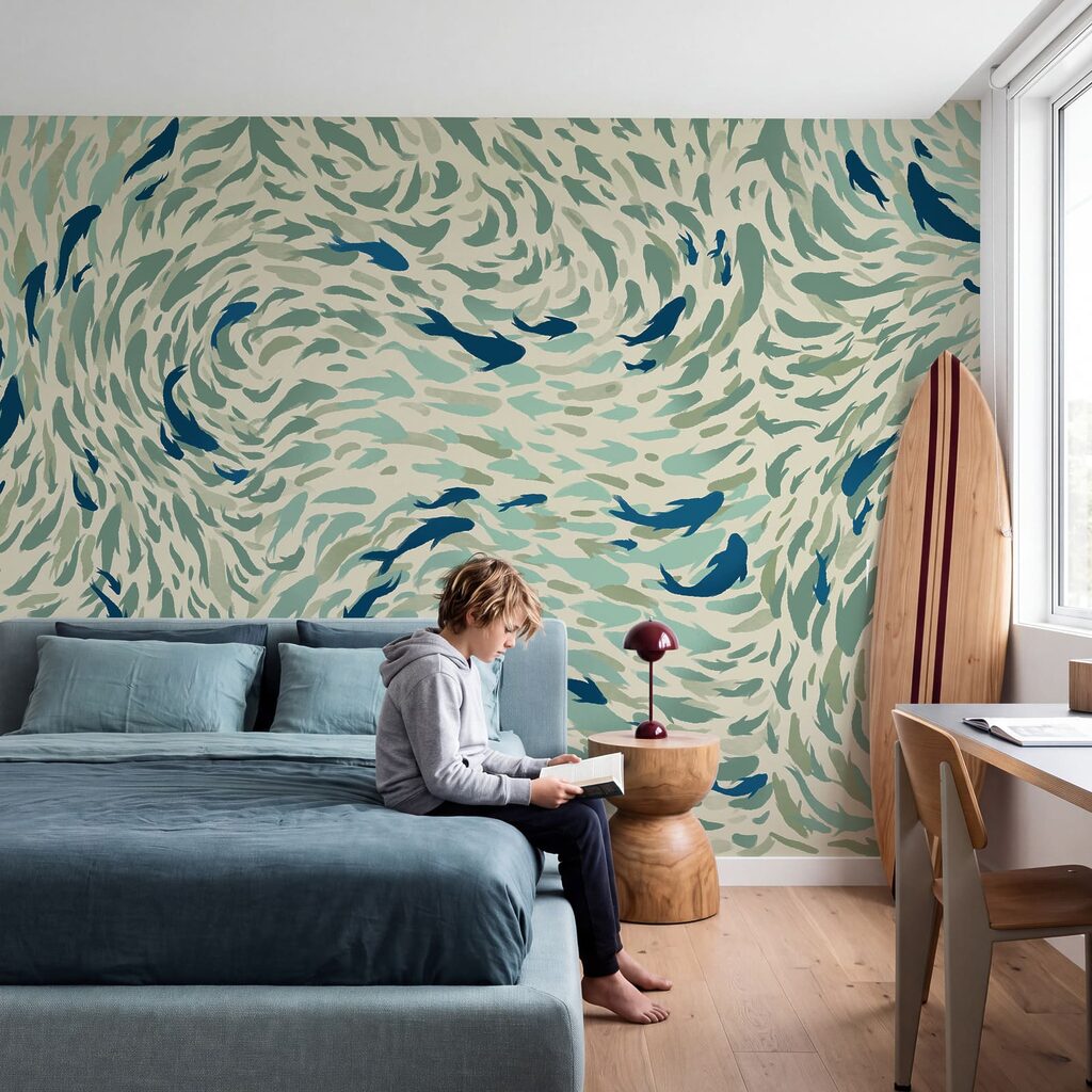 Een groep vissen die in een golf zwemt in een interieur
