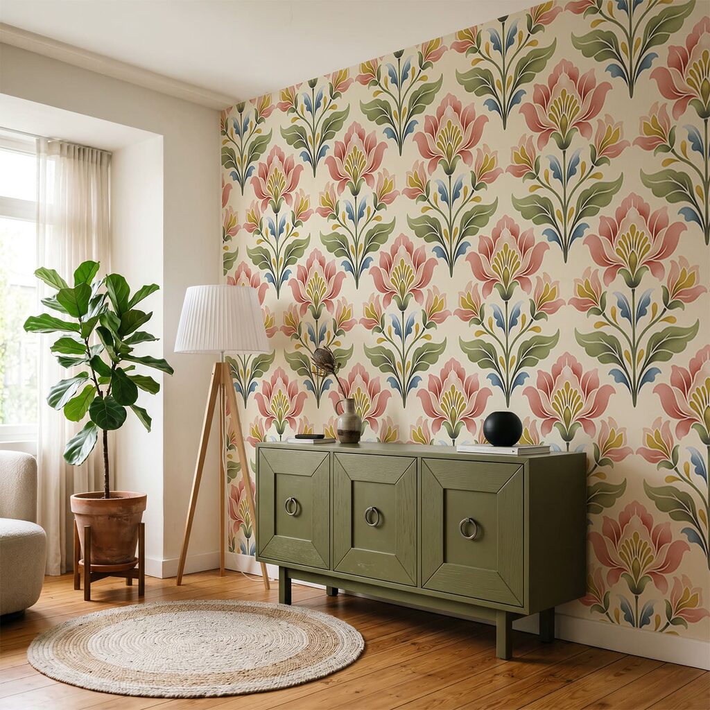 Bloemenpatroon op een witte achtergrond in een interieur