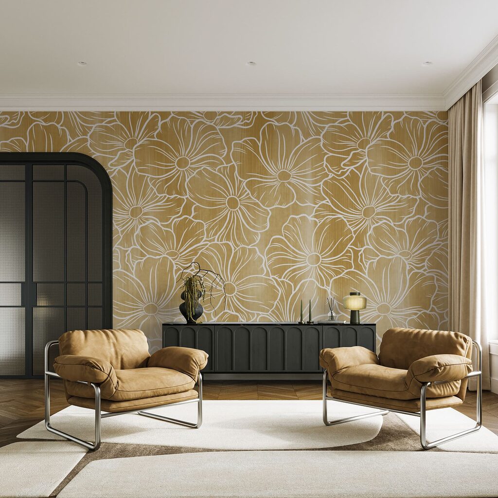 Witte bloemlijnen boven kleurwaas — interieur 2