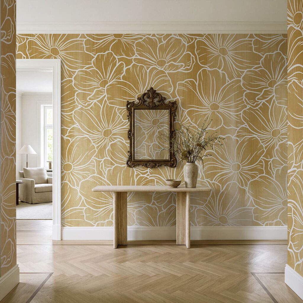 Witte bloemlijnen boven kleurwaas — interieur 3