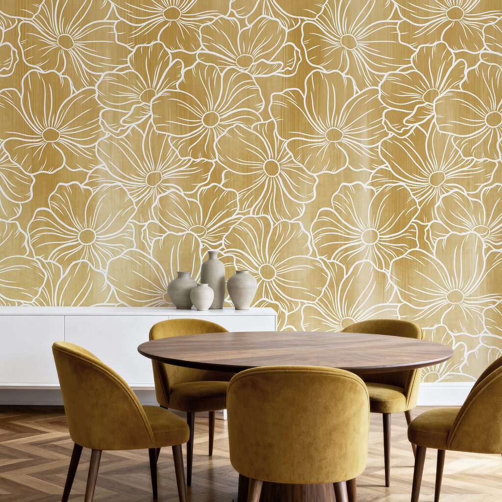 Witte bloemlijnen boven kleurwaas — interieur 4