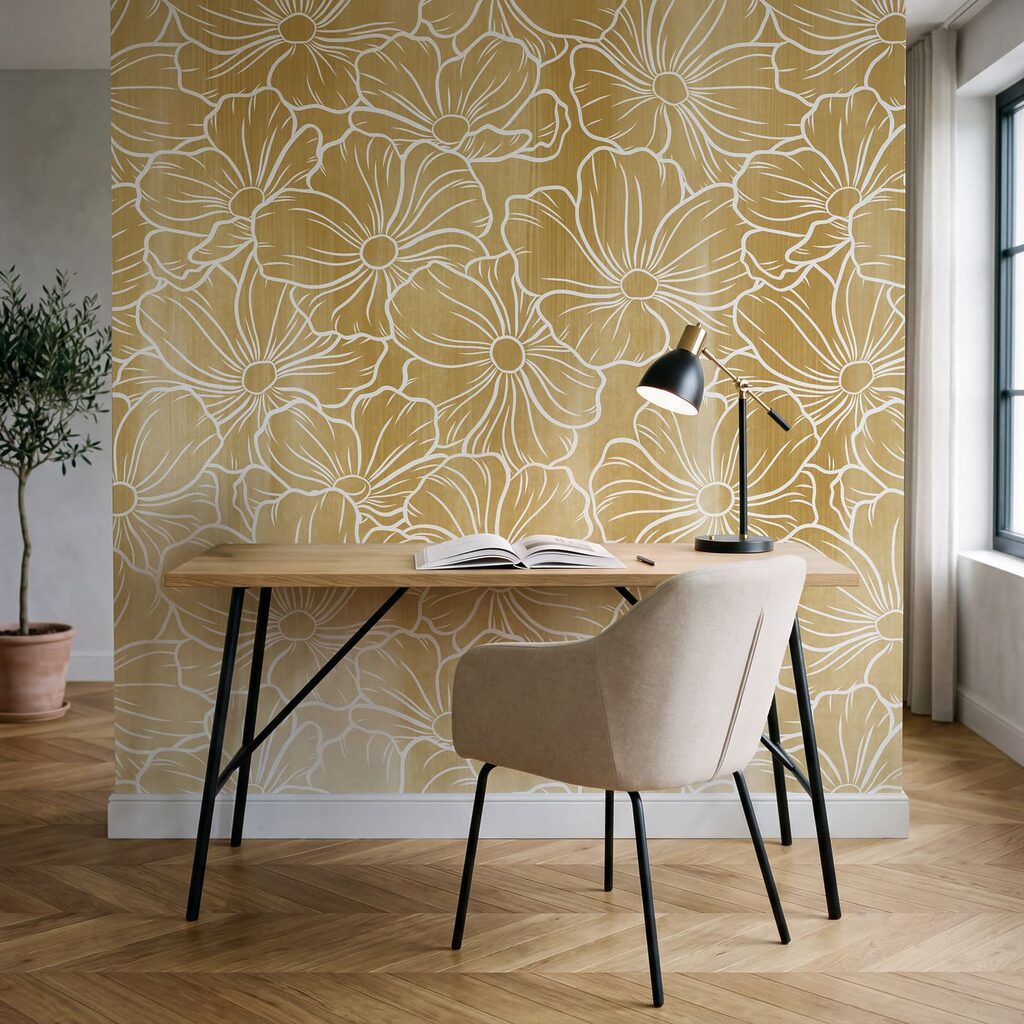 Witte bloemlijnen boven kleurwaas — interieur 5