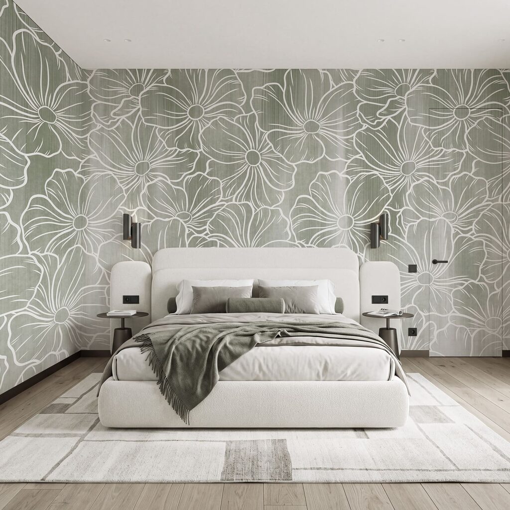 Witte bloemlijnen boven kleurwaas — interieur 1
