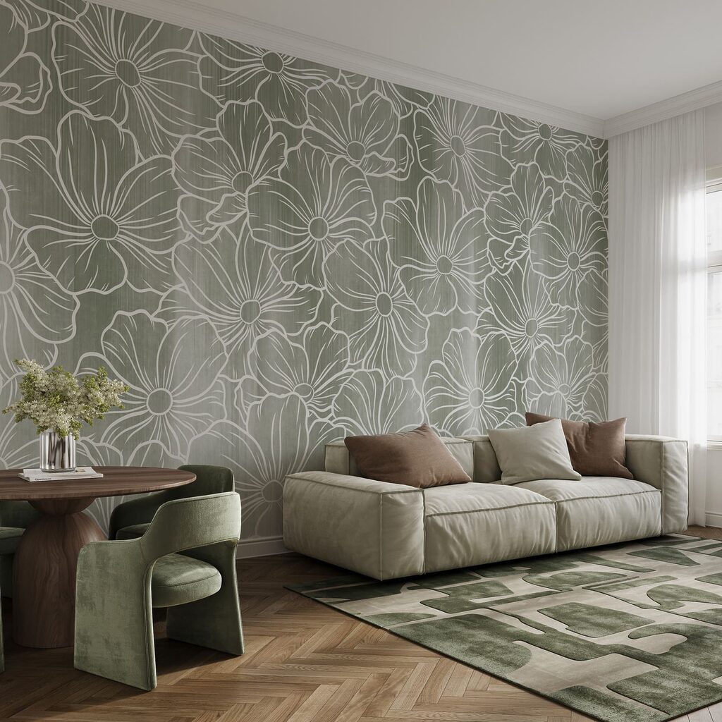 Witte bloemlijnen boven kleurwaas — interieur 2