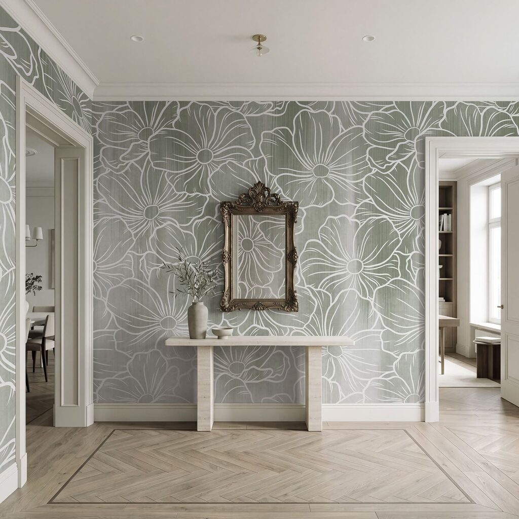 Witte bloemlijnen boven kleurwaas — interieur 3