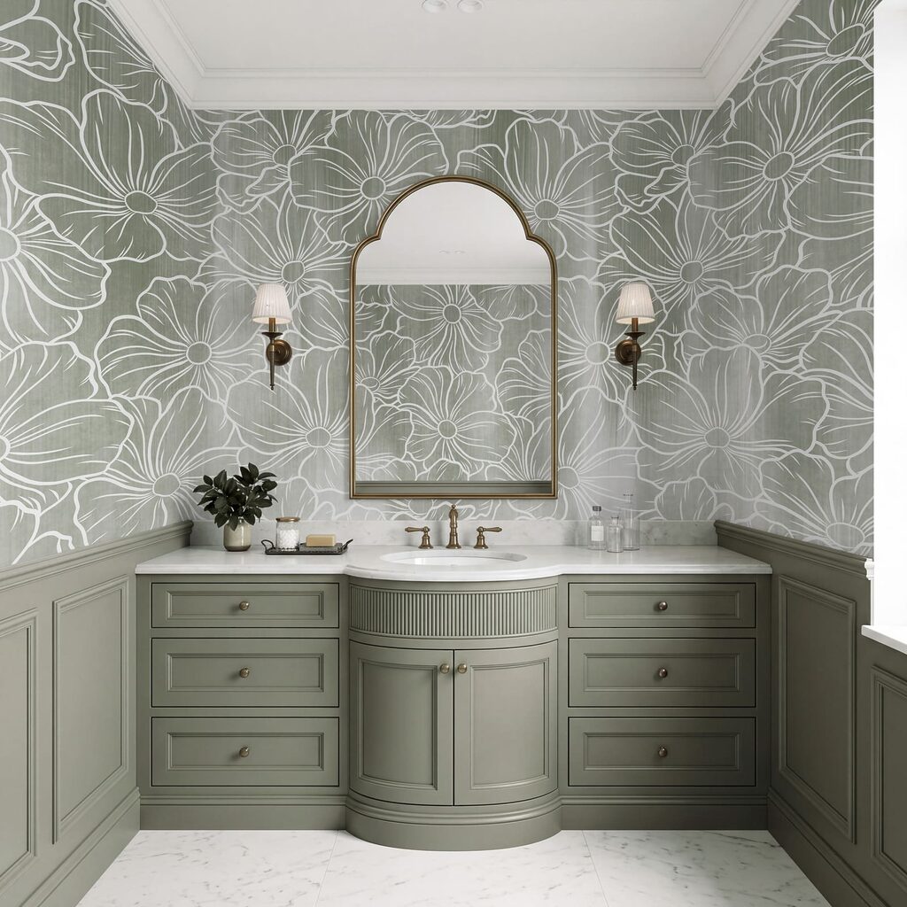 Witte bloemlijnen boven kleurwaas — interieur 4