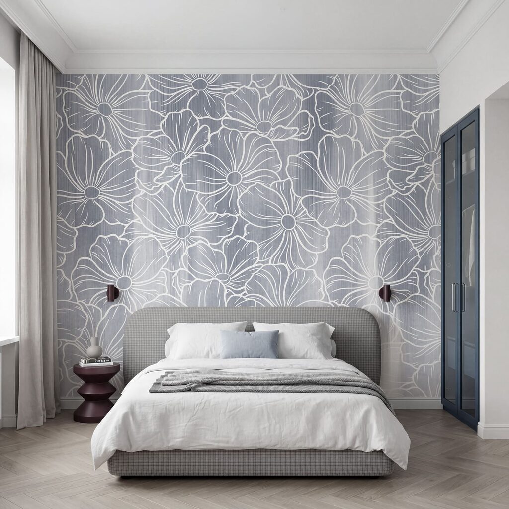 Witte bloemlijnen boven kleurwaas — interieur 1