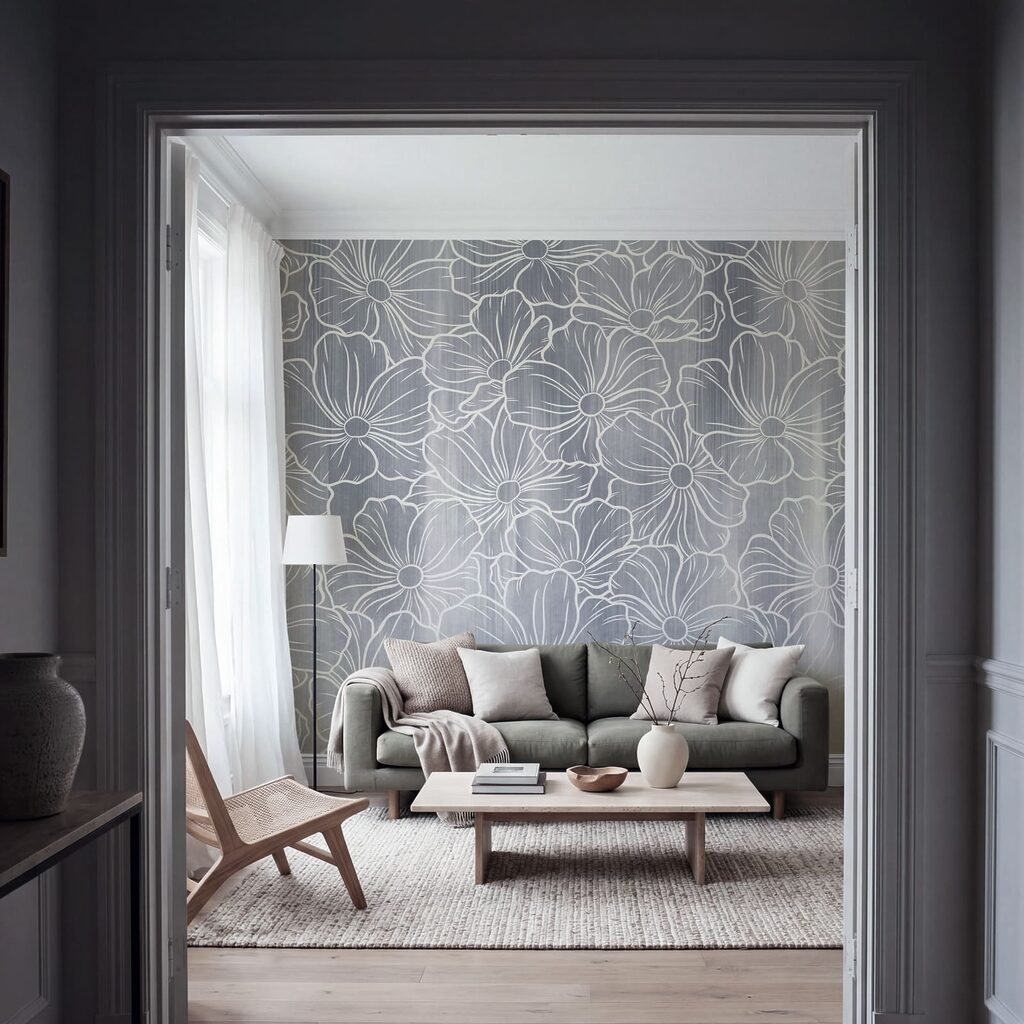 Witte bloemlijnen boven kleurwaas — interieur 2