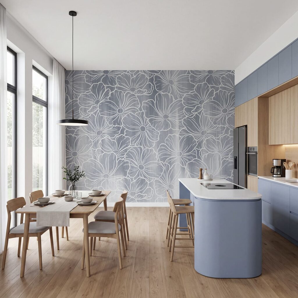 Witte bloemlijnen boven kleurwaas — interieur 3