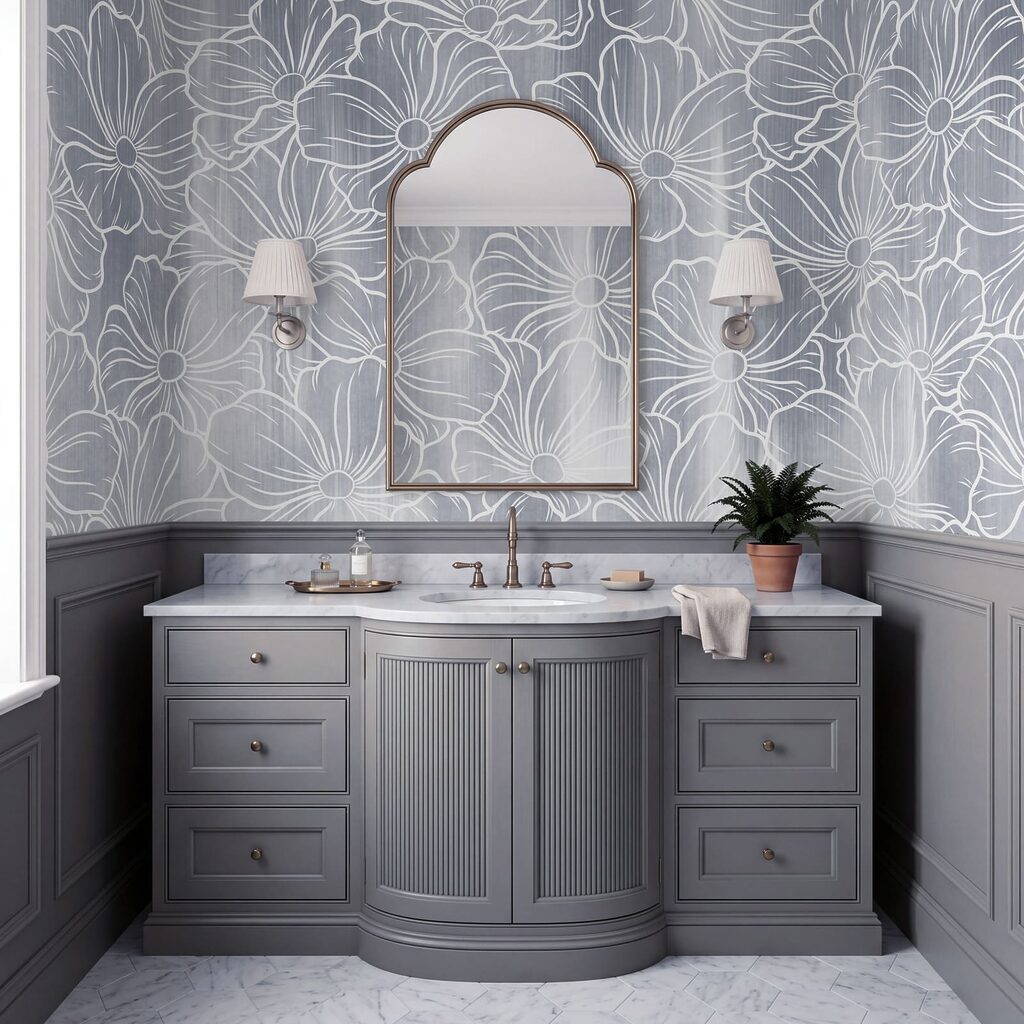 Witte bloemlijnen boven kleurwaas — interieur 4