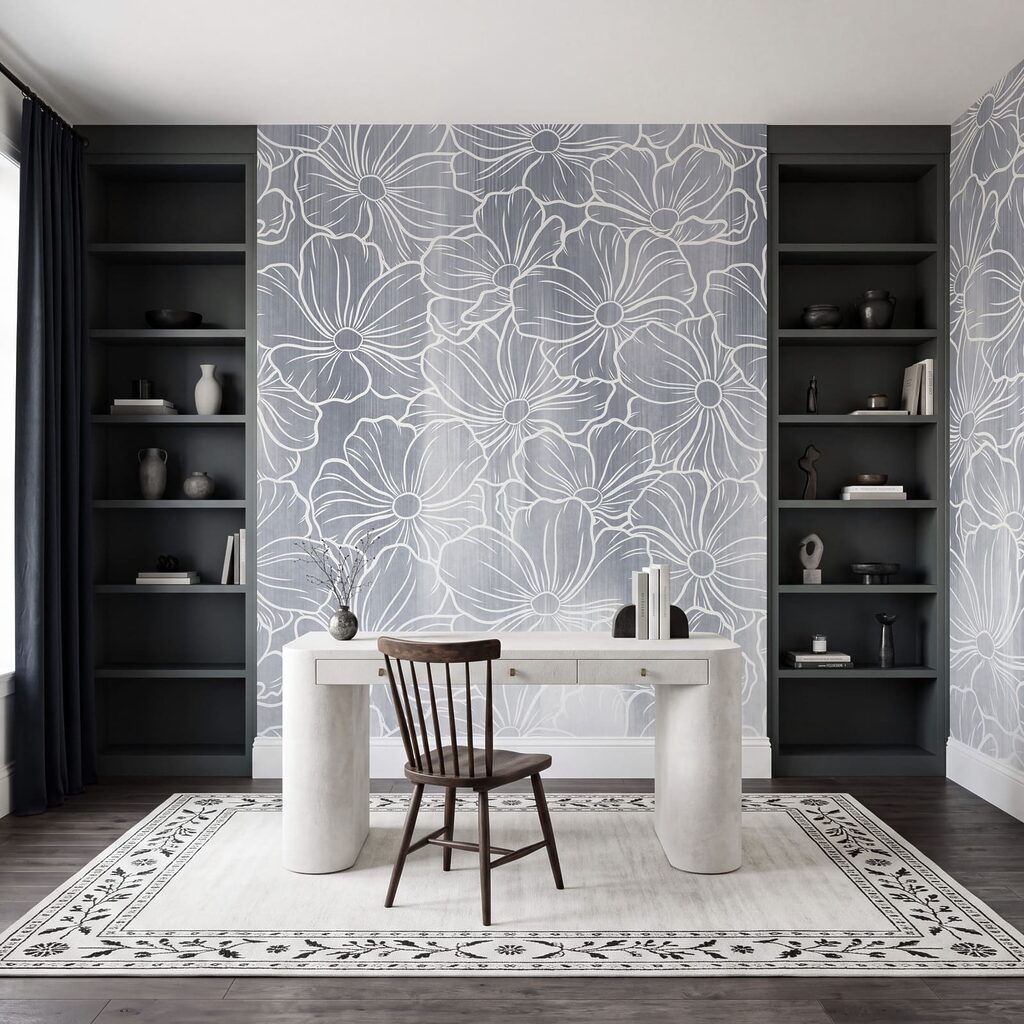Witte bloemlijnen boven kleurwaas — interieur 5
