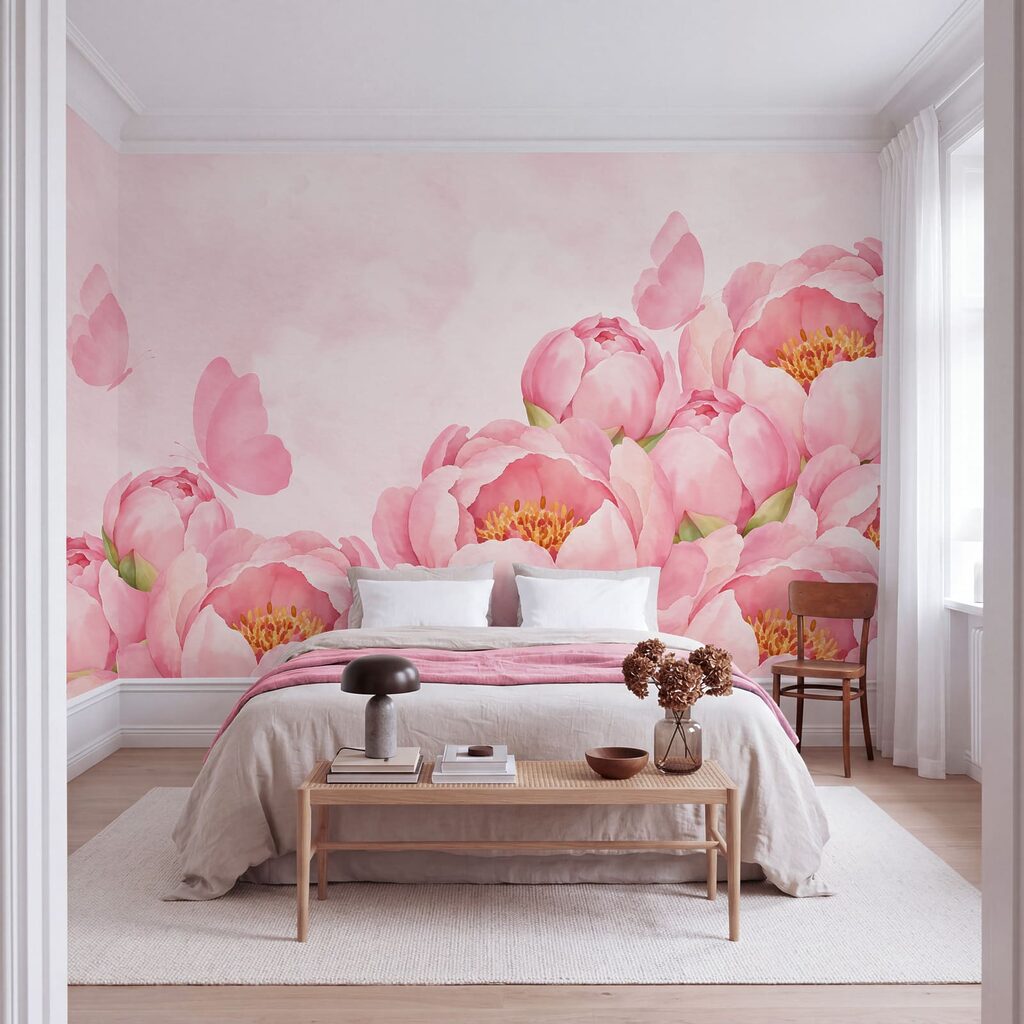 Roze bloemen met een vlinder in een interieur