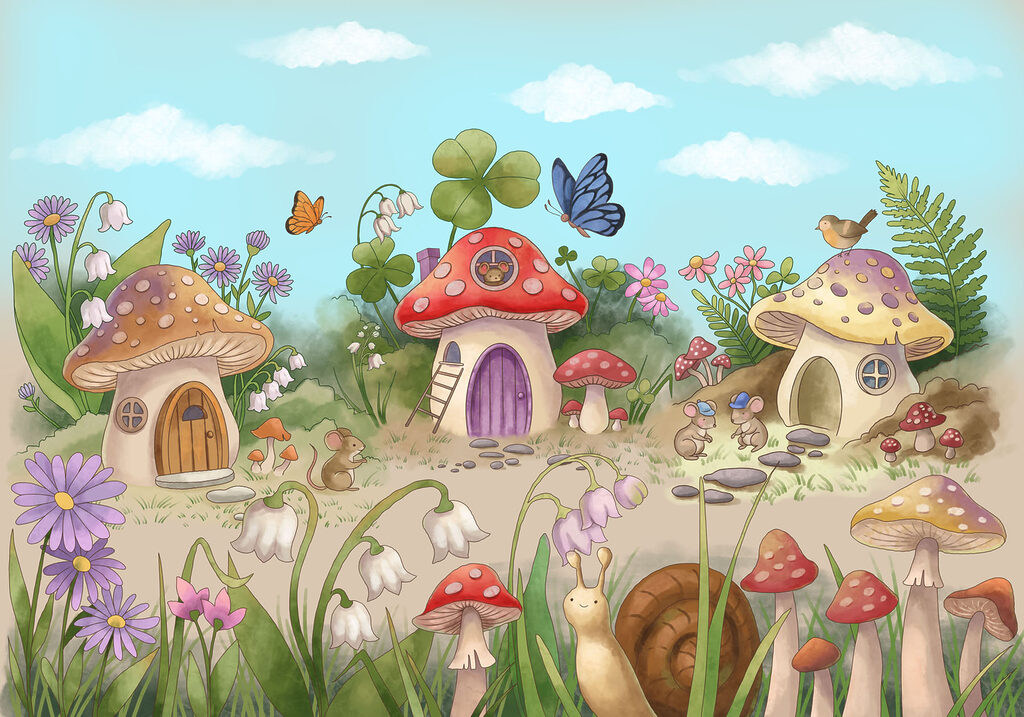 Een dorpje van paddenstoelen — volledig ontwerp