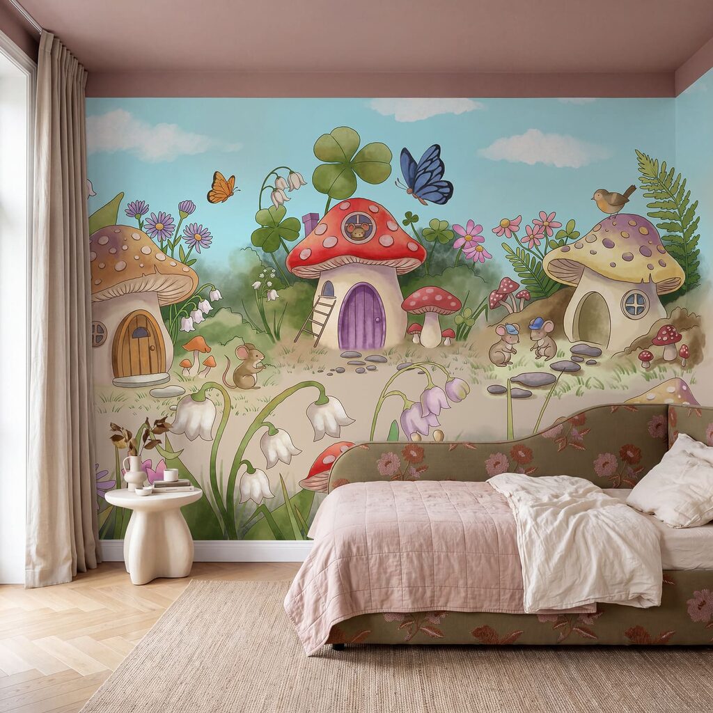 Cartoon met paddenstoelen en slakken in een interieur