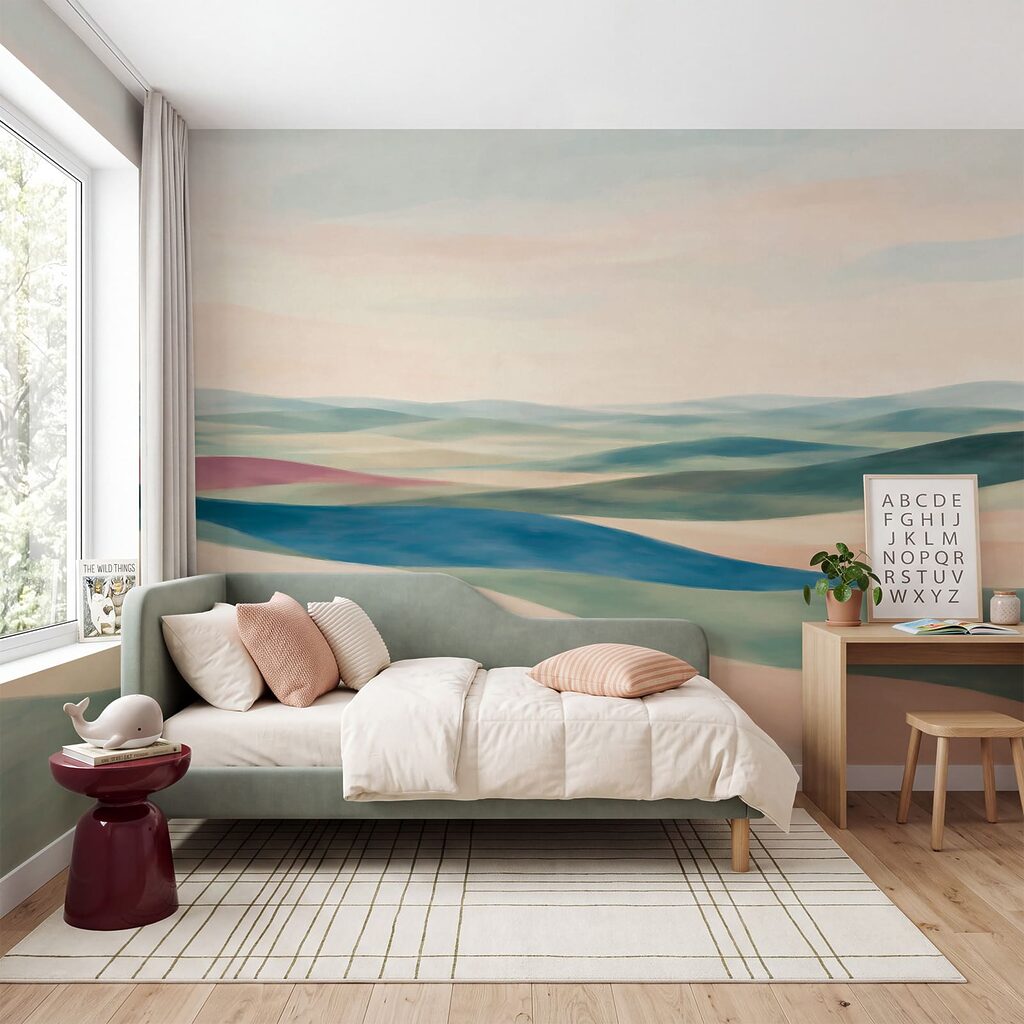 Landschap met heuvels en een blauwe lucht in een interieur