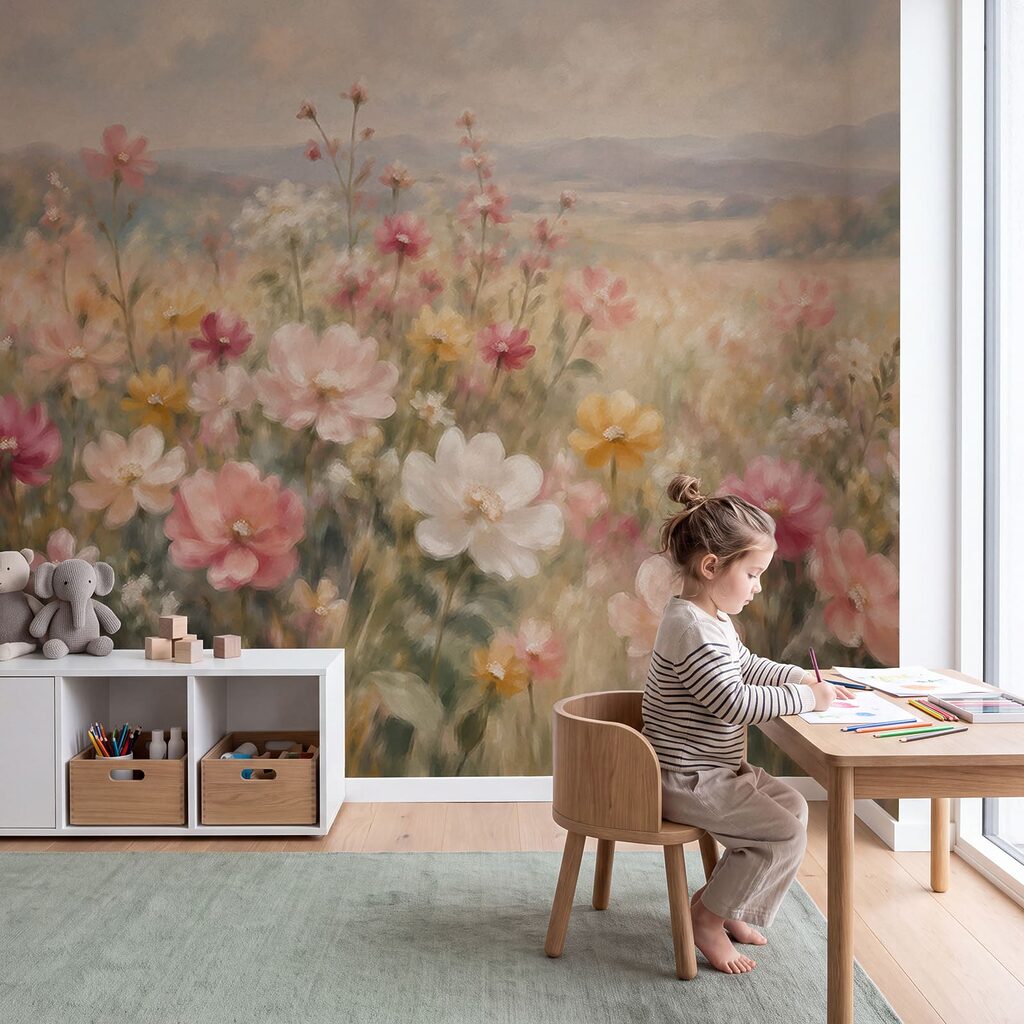 Schilderij van bloemen in een veld in een interieur