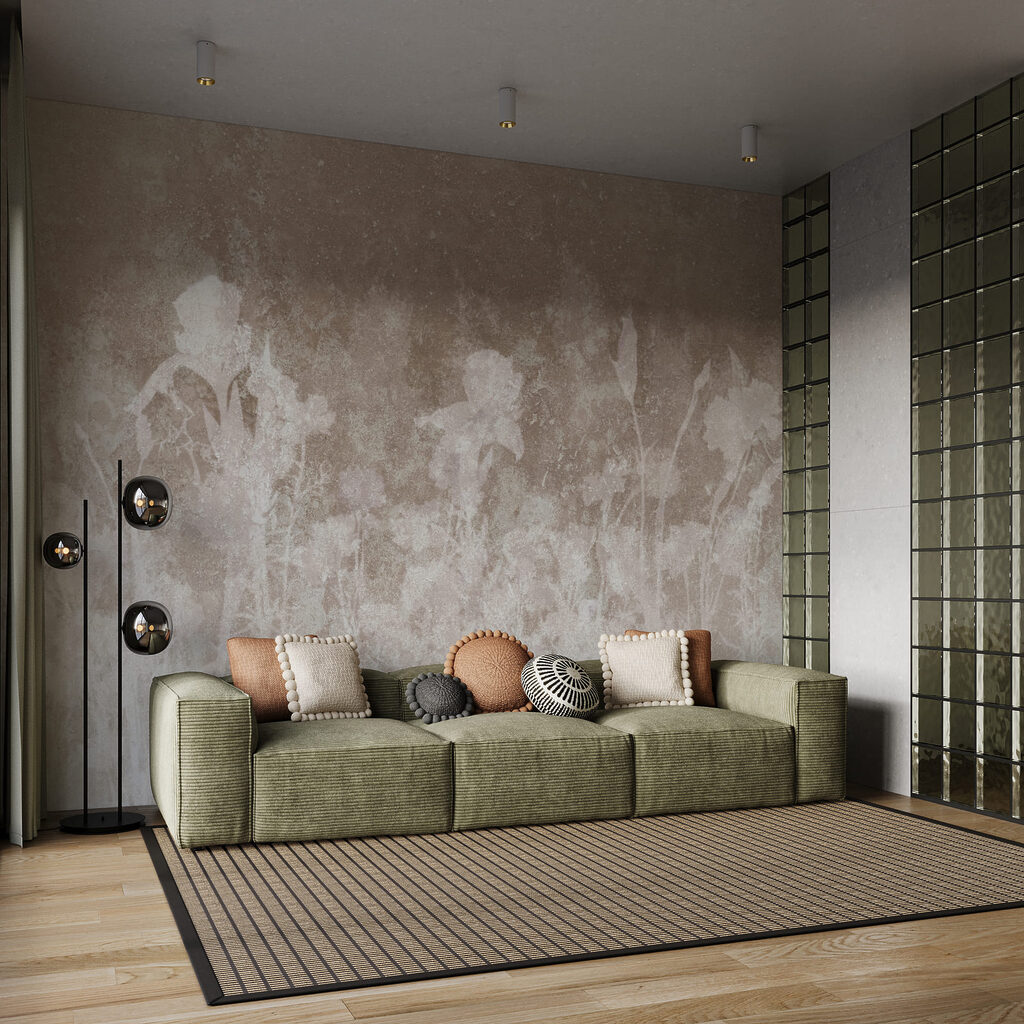 Wit bloemenpatroon op een grijze achtergrond — interieur 2