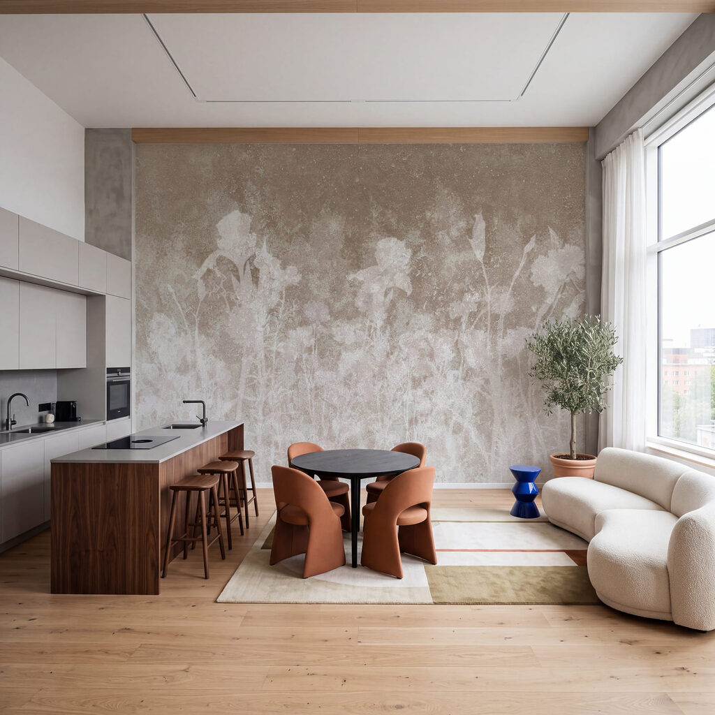Wit bloemenpatroon op een grijze achtergrond — interieur 3