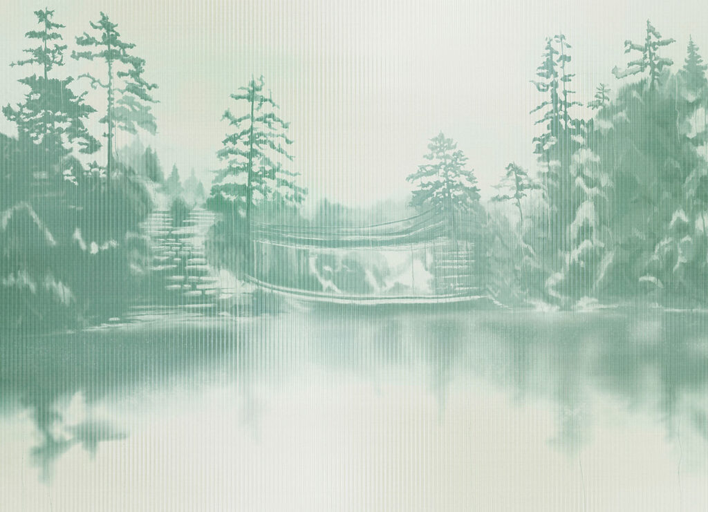 Besneeuwd landschap met bomen en een waterpartij — volledig ontwerp