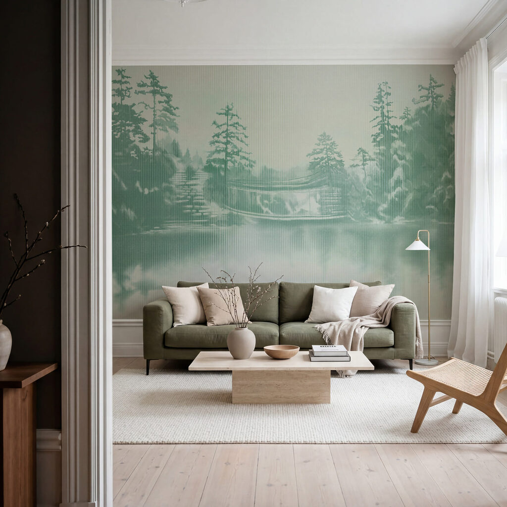 Besneeuwd landschap met bomen en een waterpartij — interieur 4