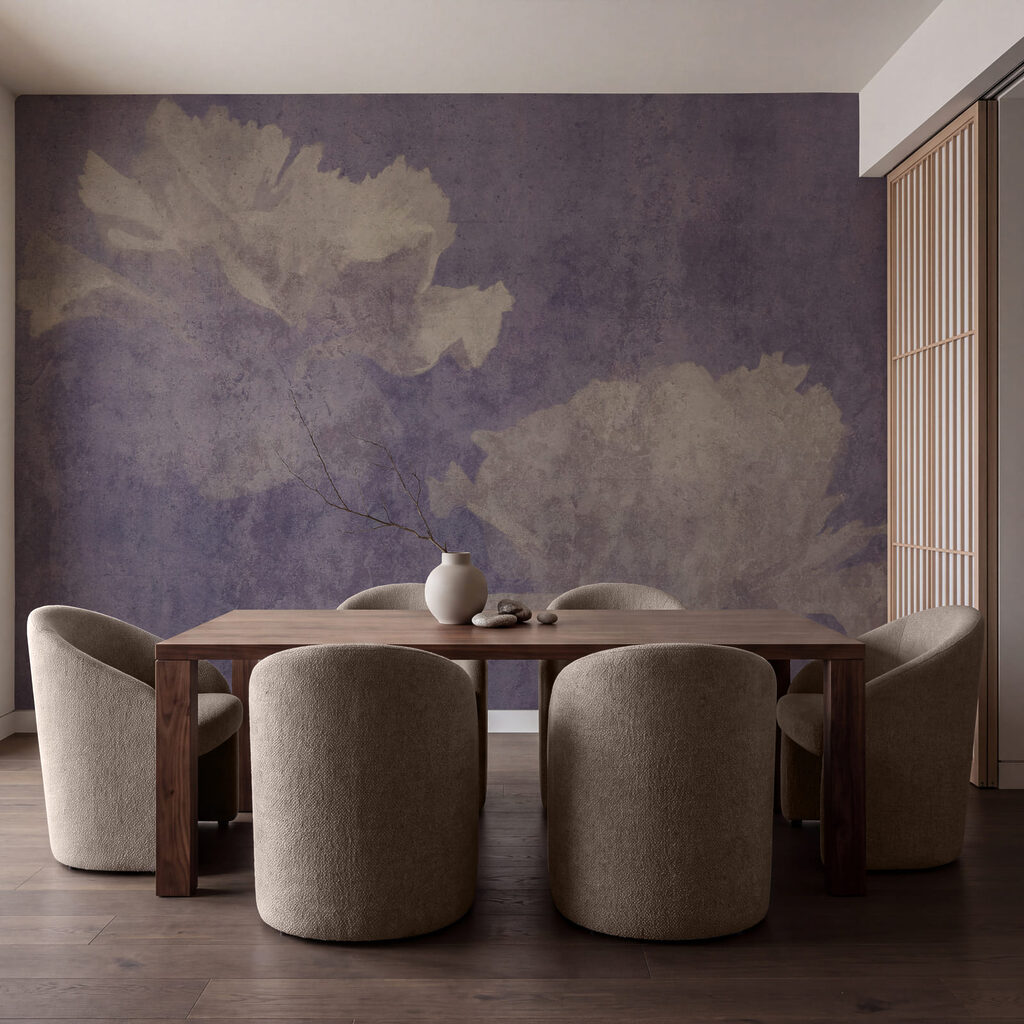Witte bloemen op een paarse achtergrond in een interieur