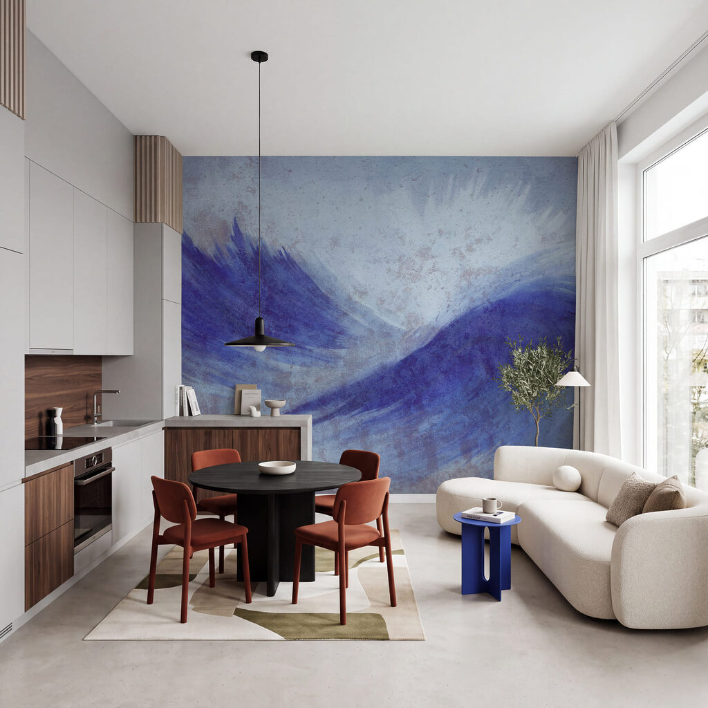 Blauwe golven aan de hemel in een interieur