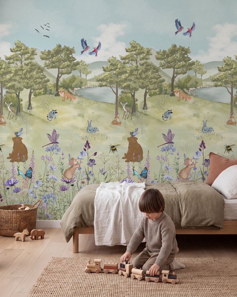 Bosvriendjes tussen veldbloemen in een interieur