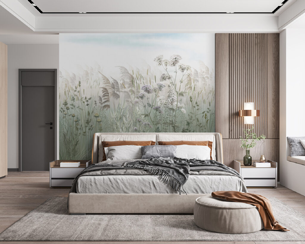 Veld met gras en bloemen in een interieur