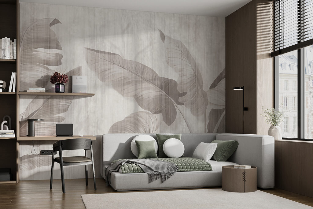 Elegant botanisch bladmotief in neutrale tinten — interieur 5