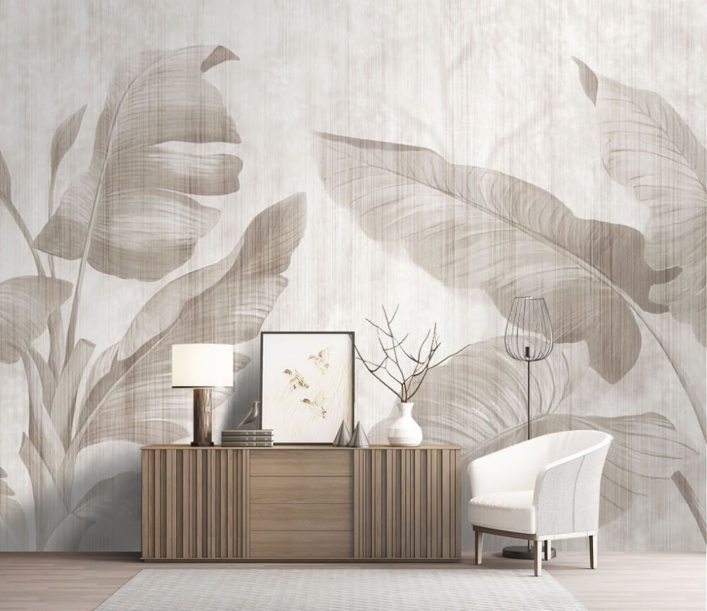 Elegant botanisch bladmotief in neutrale tinten in een interieur