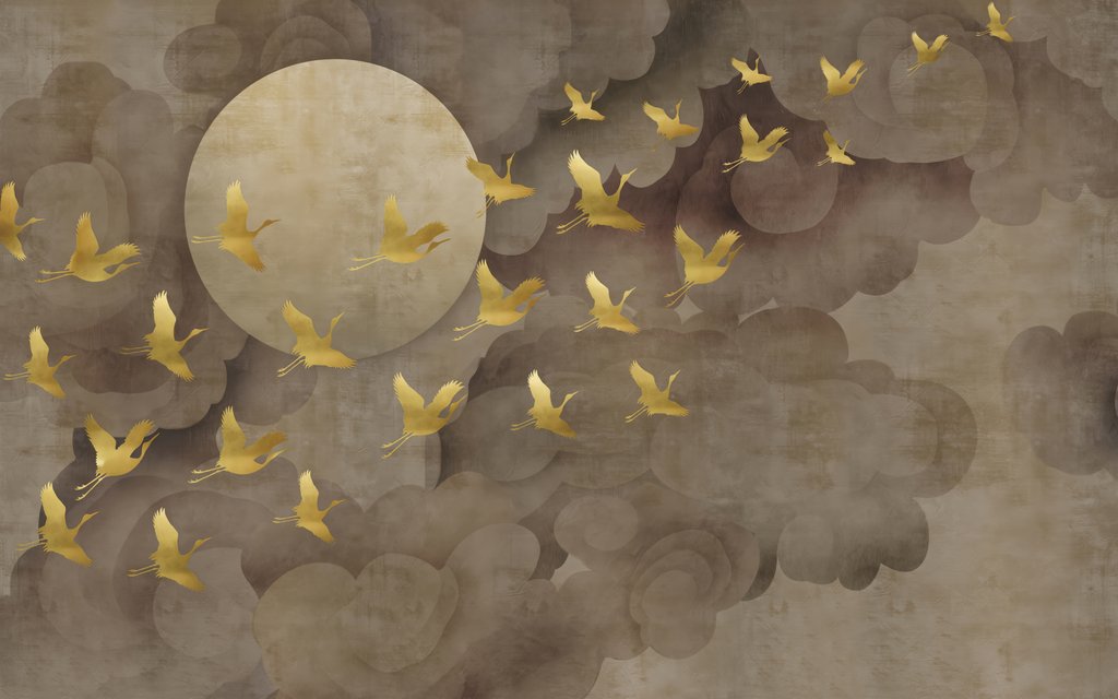 Gouden vogels rond maanlicht — volledig ontwerp