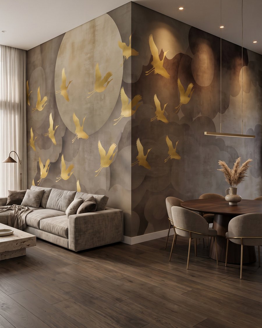 Groep vogels vliegend in de lucht in een interieur