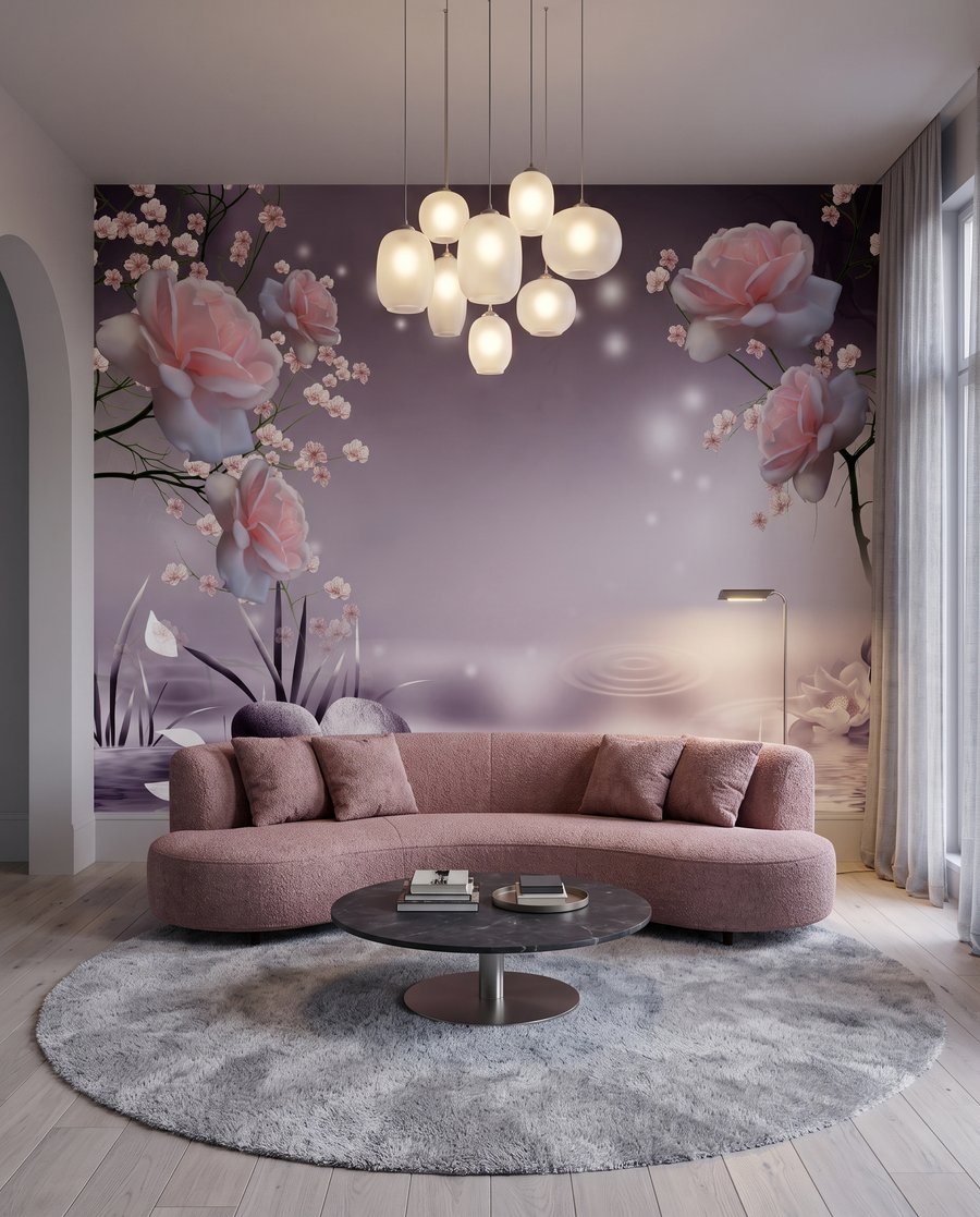 Roze bloesem bij water in een interieur