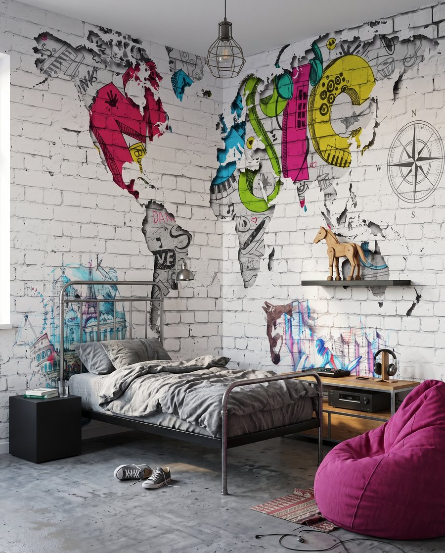 Wereldkaart in straatkunst in een interieur