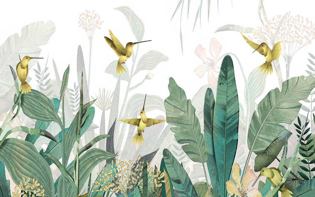 Kolibries vliegen over planten — volledig ontwerp