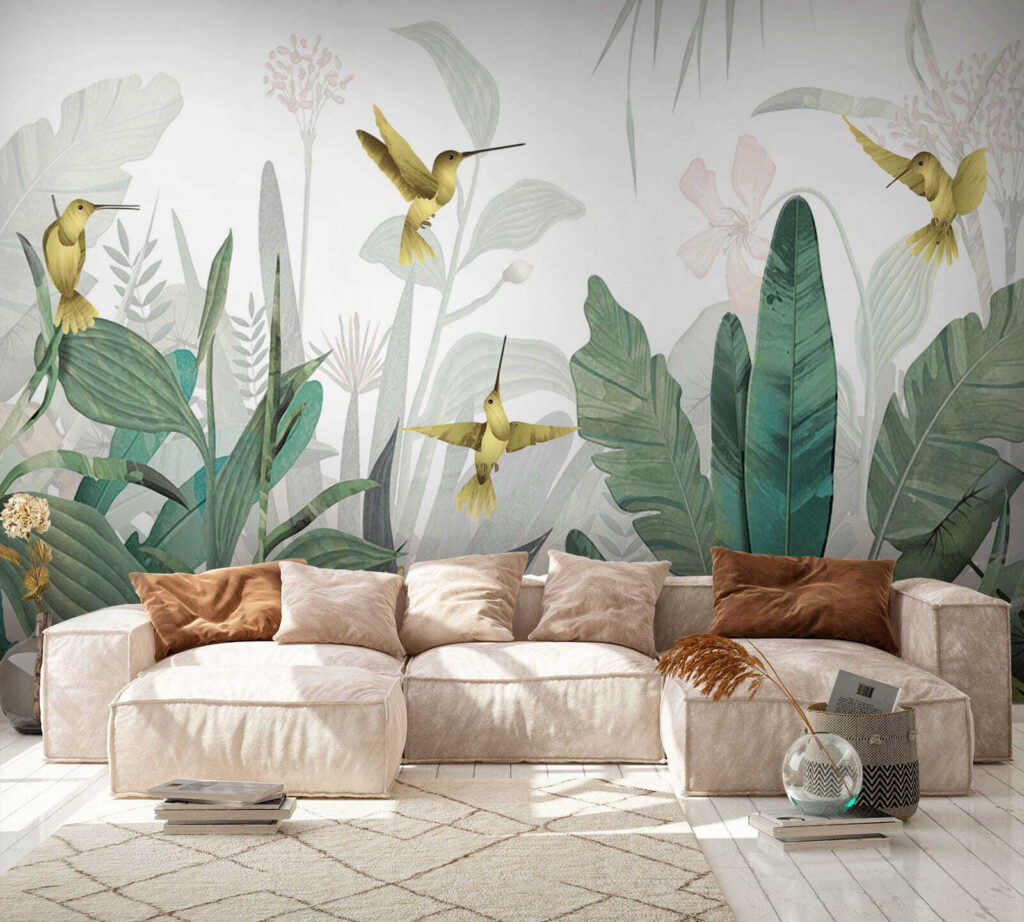 Kolibries vliegen over planten in een interieur