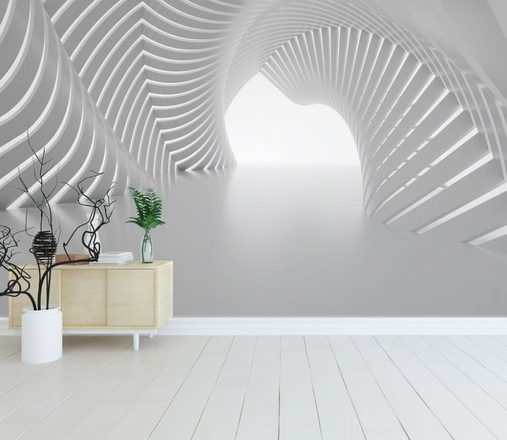 Witte tunnel met gebogen lijnen in een interieur