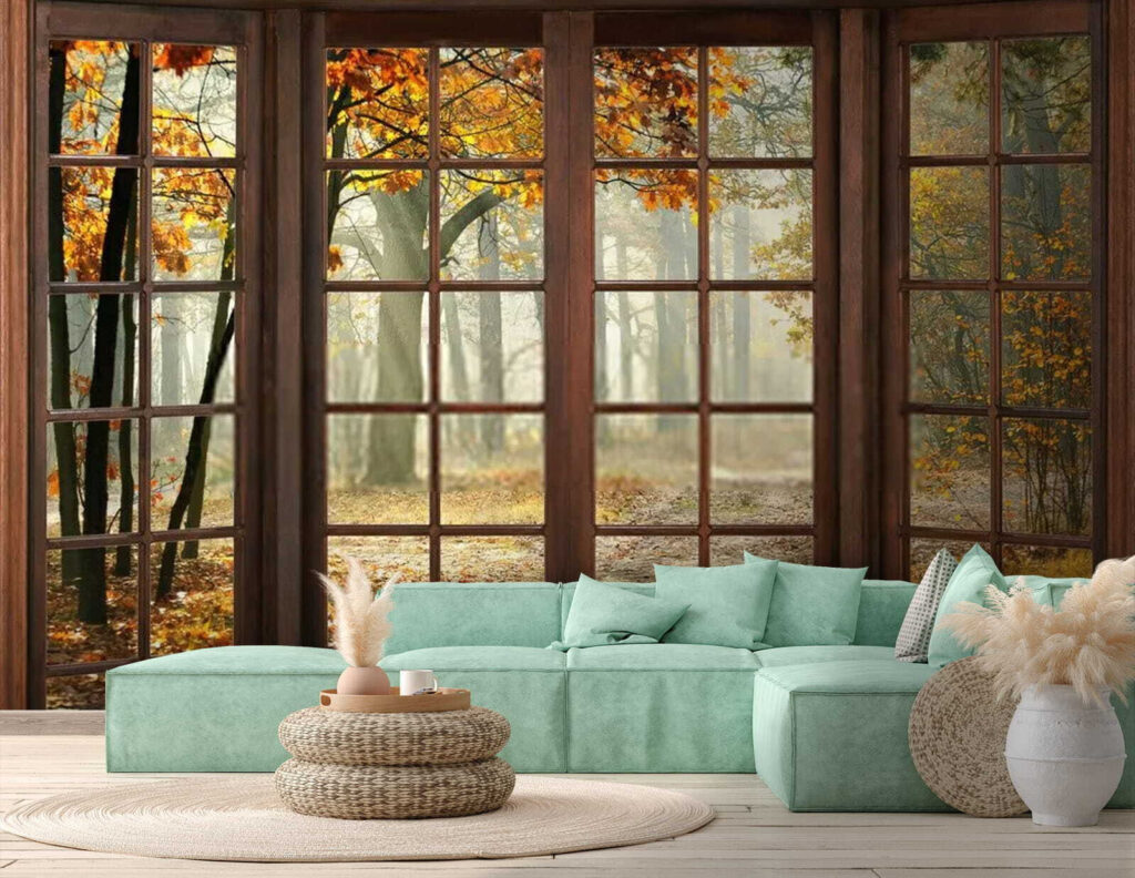 Herfstbos achter houten ramen — interieur 2