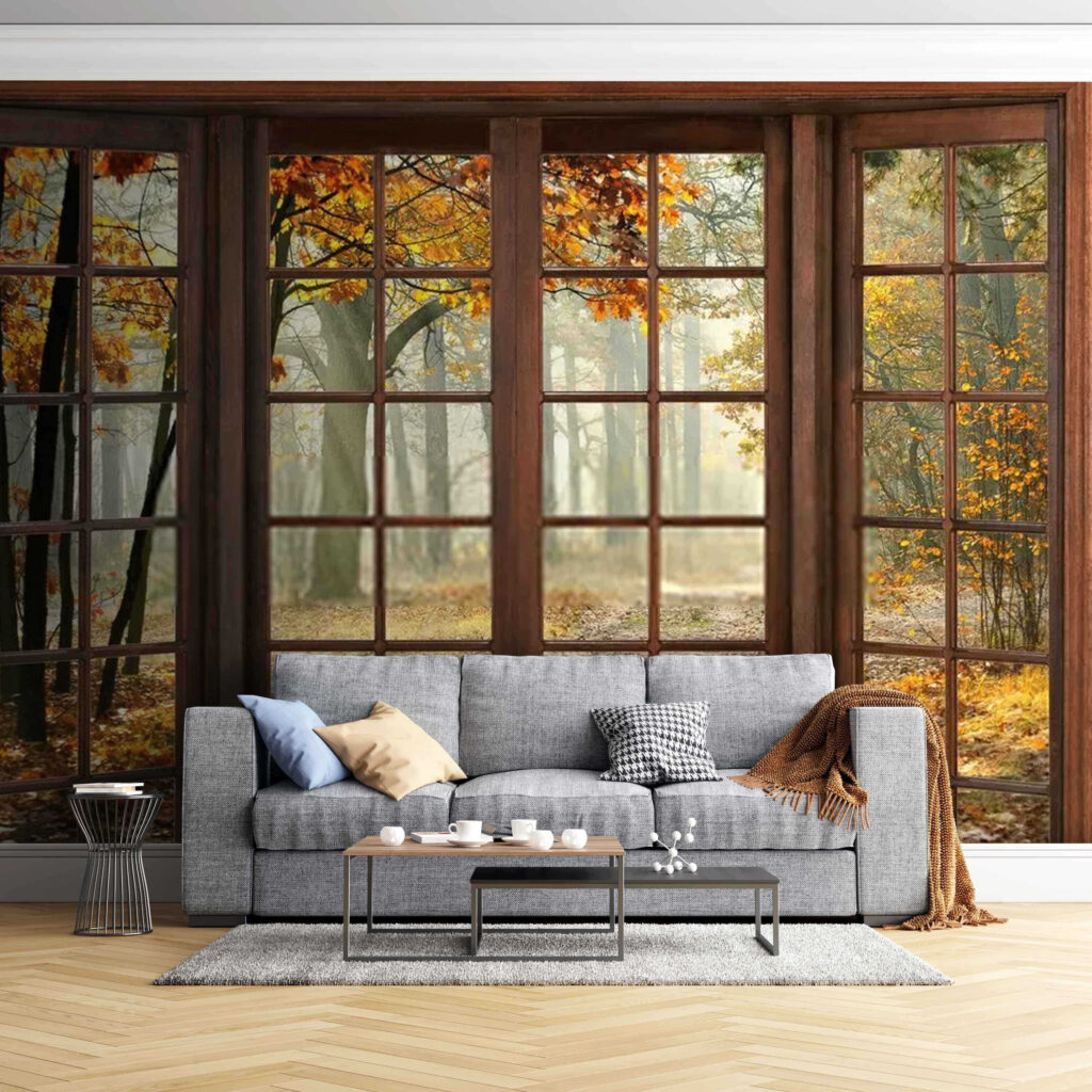 Herfstbos achter houten ramen — interieur 1