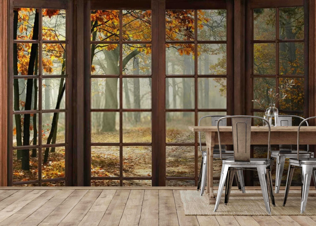 Herfstbos achter houten ramen — interieur 3