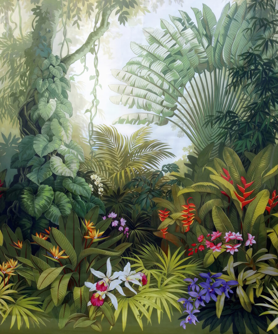 Bloeiende jungle in ochtendlicht — volledig ontwerp