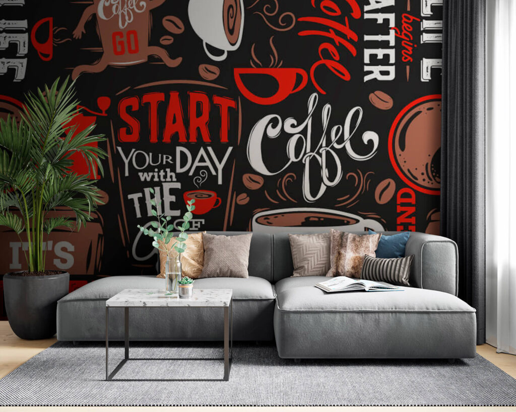 Patroon van koffiekopjes en koffiebonen in een interieur