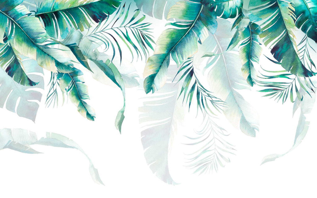 Turquoise bladeren boven wit — volledig ontwerp